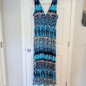 Boston Proper Blue and Tan Patterned Sleeveless Maxi Dress Medium